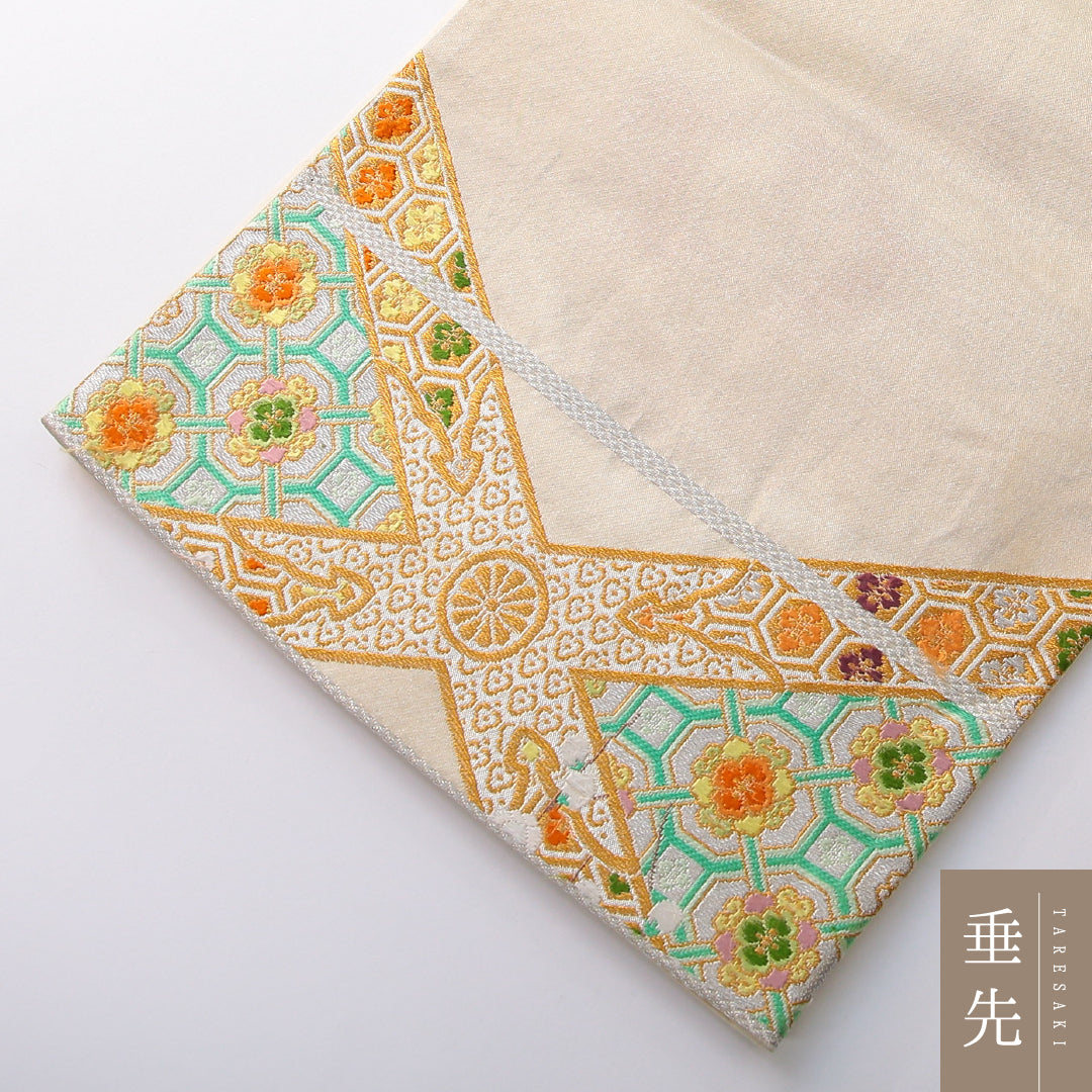 袋帯 帯丈430cm フォーマル 六通 Cランク 正絹 唐織 蜀江 牡丹 クリーム系 1223-02161