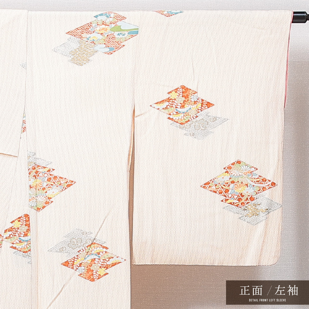 小紋 袷 身丈159cm 裄丈63cm 正絹 Sランク インフォーマル 広衿 Mサイズ 松皮菱 吉祥文様 ベージュ系 RP 1221-14884