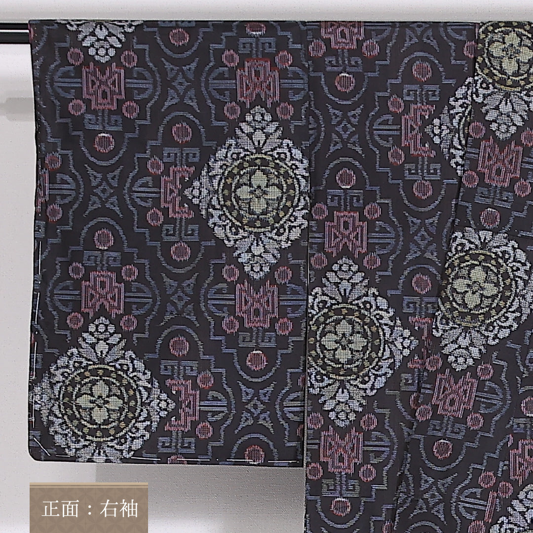 紬 袷 身丈150cm 裄62cm 正絹 アラベスク グレー系 Sランク 1216-01478