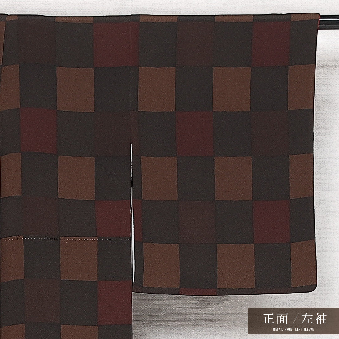 小紋 袷 身丈148cm 裄丈61cm 正絹 Sランク インフォーマル 広衿 XSサイズ 市松 黒系 RP 1221-13654