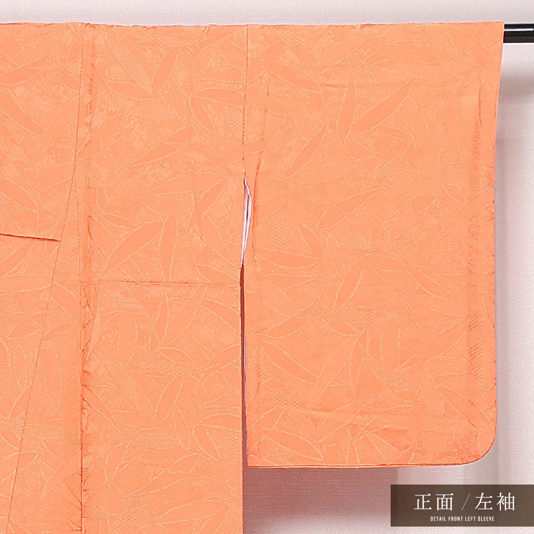 色無地 袷 身丈157cm 裄丈63cm 正絹 Aランク 一つ紋 (丸に橘) セミフォーマル 広衿 Mサイズ 笹 朱系 RP 1219-13399