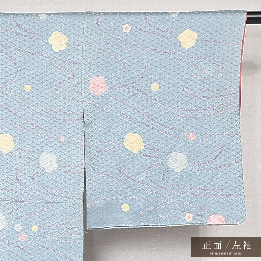 小紋 袷 身丈146cm 裄丈62cm 正絹 Bランク インフォーマル 広衿 XSサイズ 刺繍 流水 桜 桜 水色系 RP 1221-13115