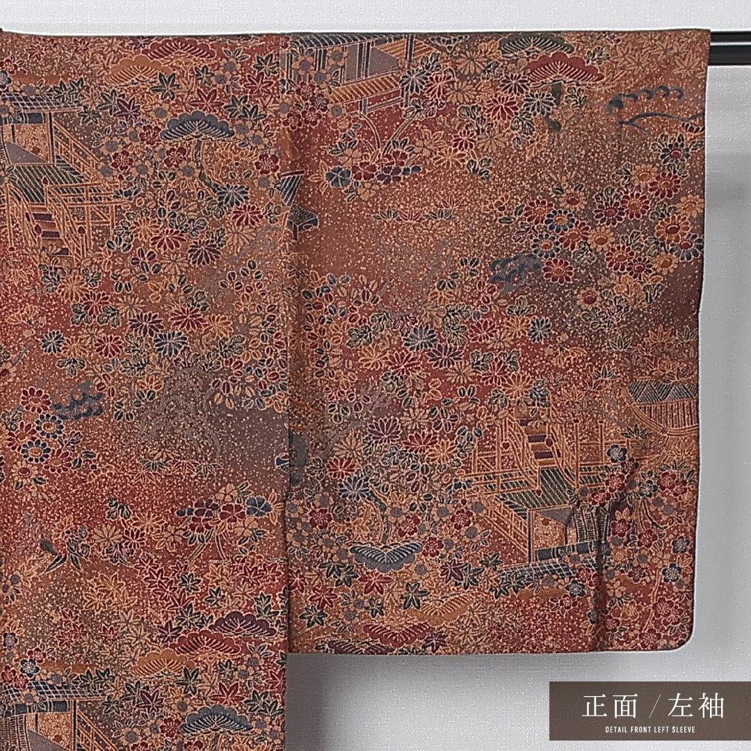 小紋 単衣 身丈155cm 裄丈63cm 正絹 Sランク インフォーマル 広衿 Mサイズ 御所解 桜 植物柄 朱系 RP 1221-12351