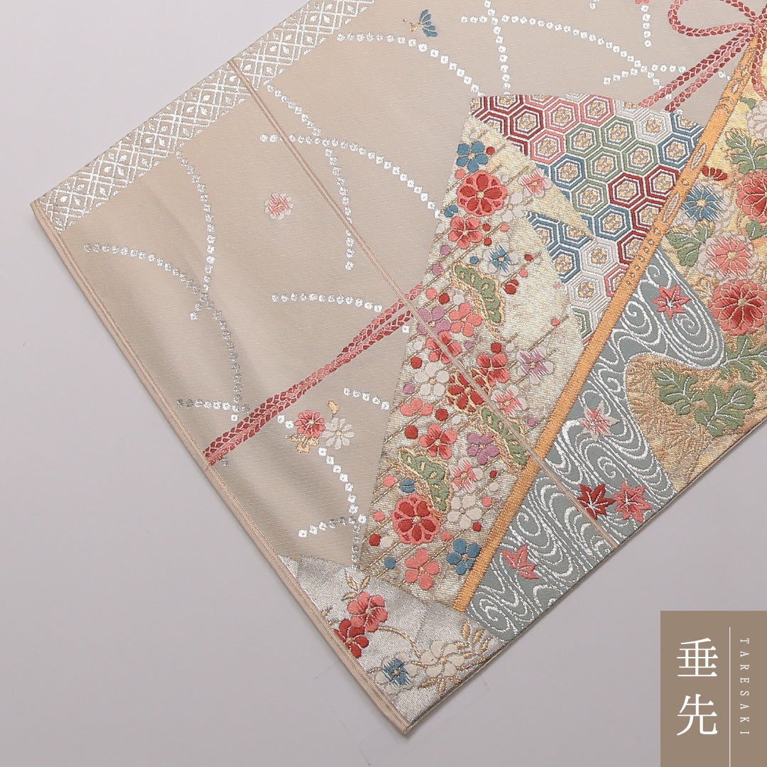 袋帯 帯丈446cm 正絹 六通 フォーマル 唐織 扇面文 吉祥文様 クリーム系 1243-01449