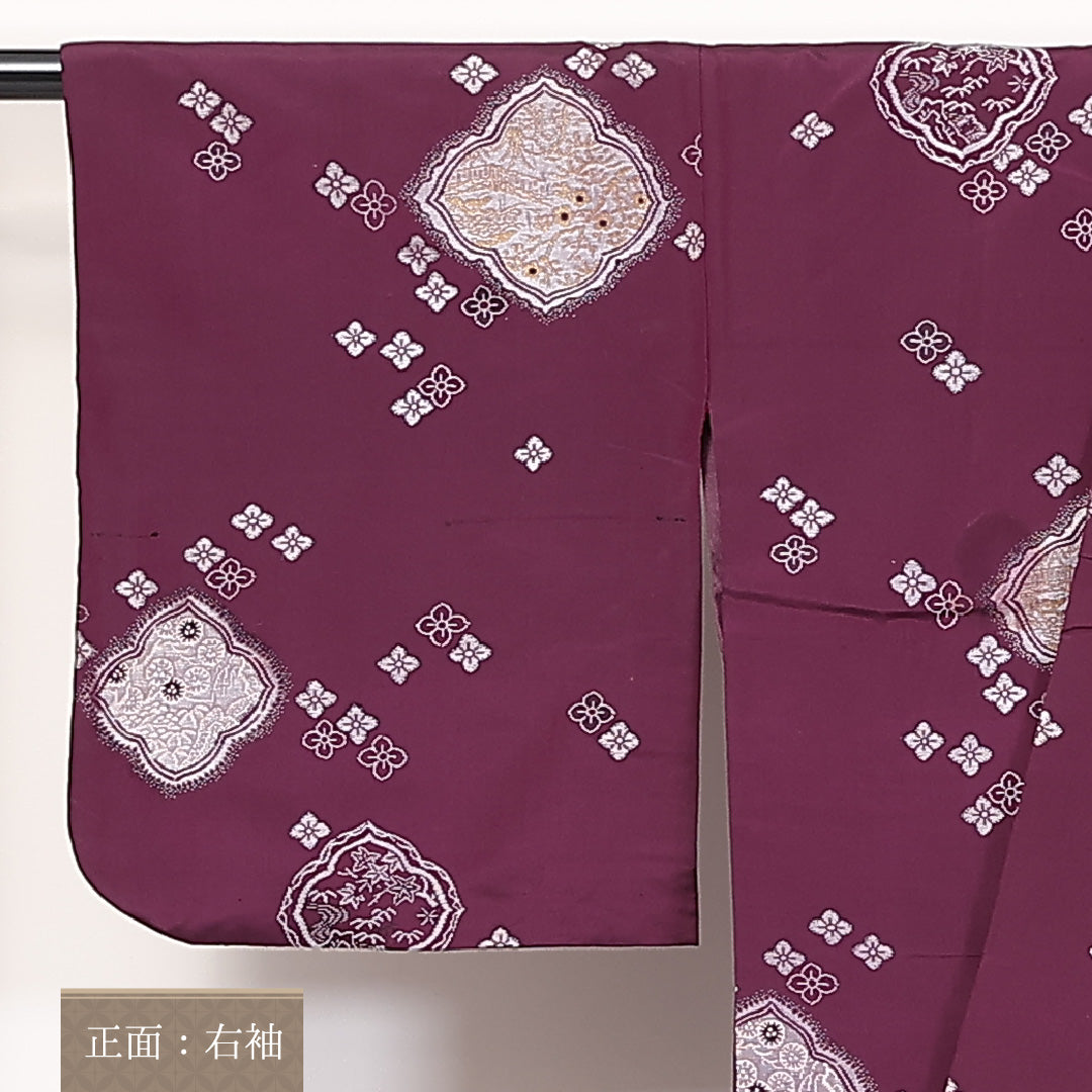 アンティーク お召 袷 身丈149cm 裄62.5cm 正絹 花菱 紫系 Bランク 1216-01277