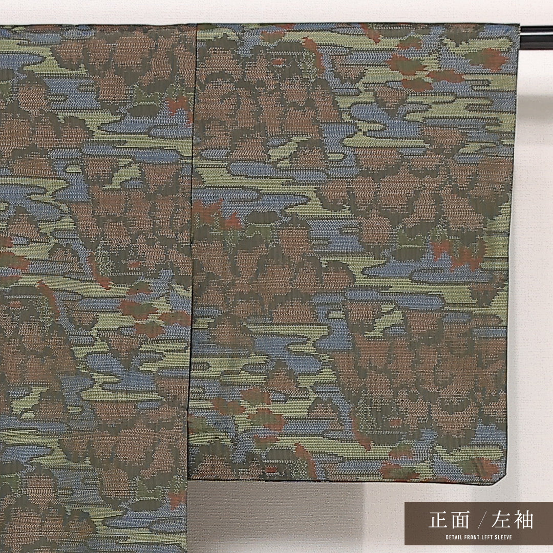 大島紬 単衣 身丈154cm 裄丈62cm 正絹 Sランク インフォーマル 広衿 Sサイズ 雲取り 緑系 RP 1223-13273