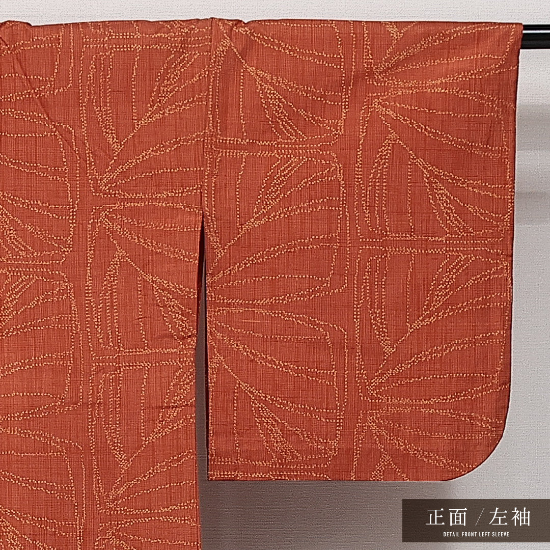 紬 単衣 身丈159cm 裄丈63cm 正絹 Sランク カジュアル 広衿 Mサイズ 麻の葉 朱系 RP 1223-14217