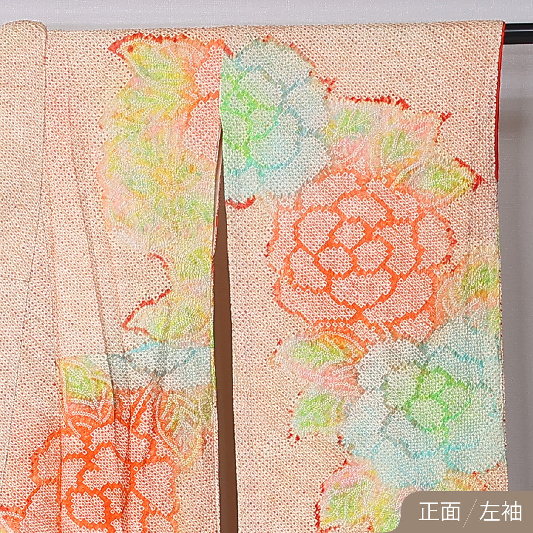 振袖 （総絞り） 身丈157cm 裄丈65cm Bランク 正絹 袷 バチ衿 M 牡丹 フォーマル 古典的 優しい 朱系 1213-F0458