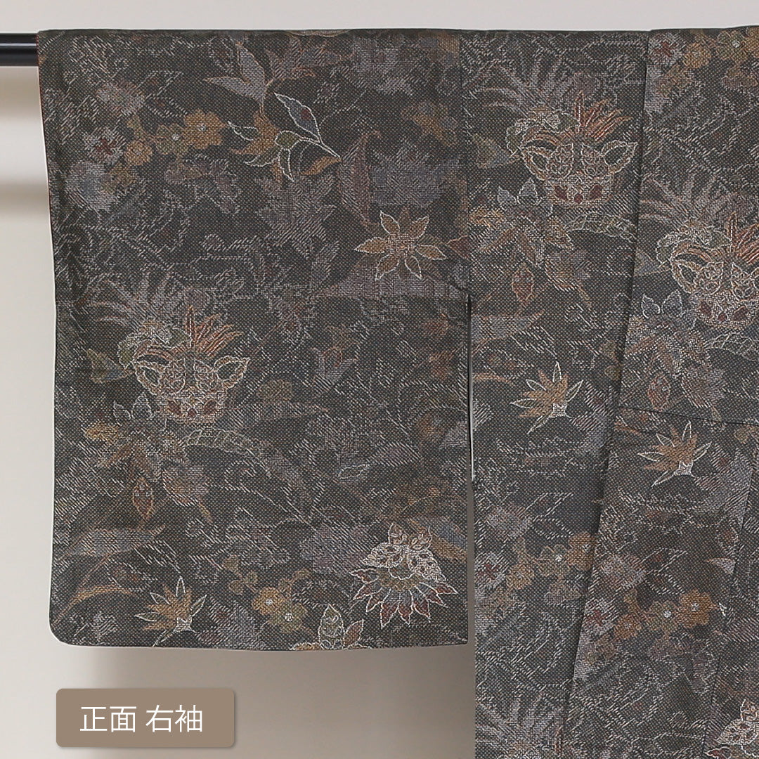小紋 袷 身丈157cm 裄丈65cm 正絹 Sランク インフォーマル 広衿 Mサイズ 花柄 グレー系 PO 1221-01751