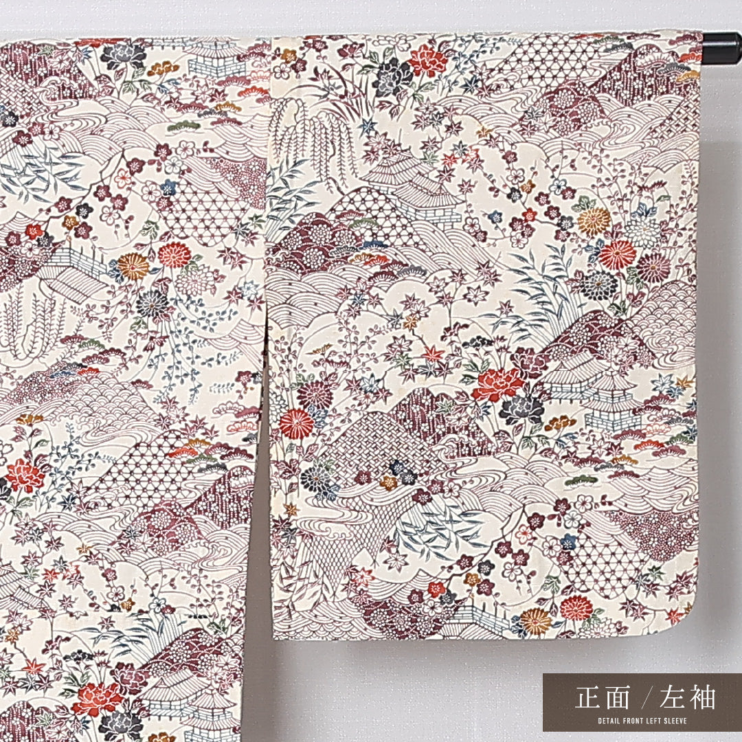 紬 身丈164cm 裄丈66cm Cランク L 正絹 単衣 広衿 茶屋辻 後染め カジュアル クリーム系 1216-12216