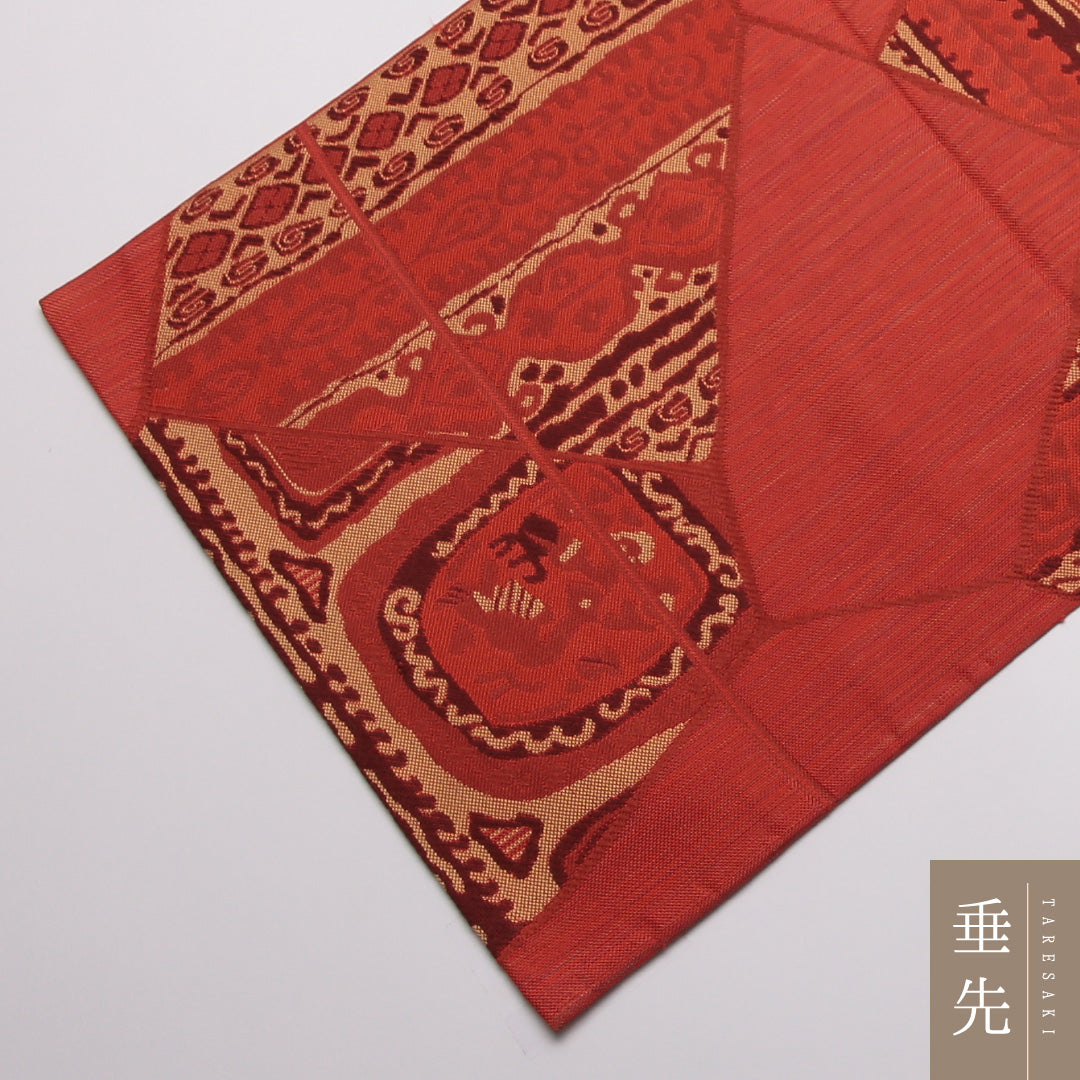 袋帯 帯丈436cm 正絹 六通 インフォーマル ペルシャ文様 朱系 1243-01391