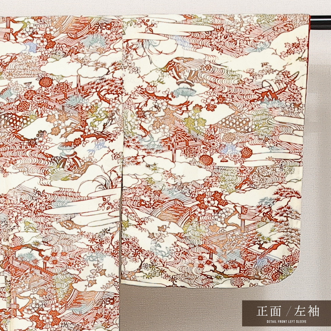 小紋 袷 身丈159cm 裄丈64cm 正絹 Cランク Mサイズ 広衿 インフォーマル 京紅型 御所解 クリーム系 1215-14597