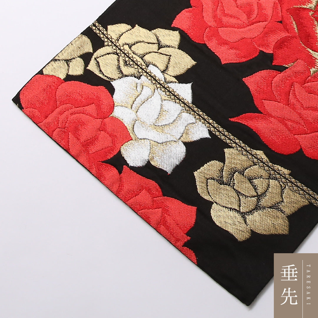 袋帯 帯丈408cm 正絹 六通 インフォーマル 薔薇 黒系 1243-01691