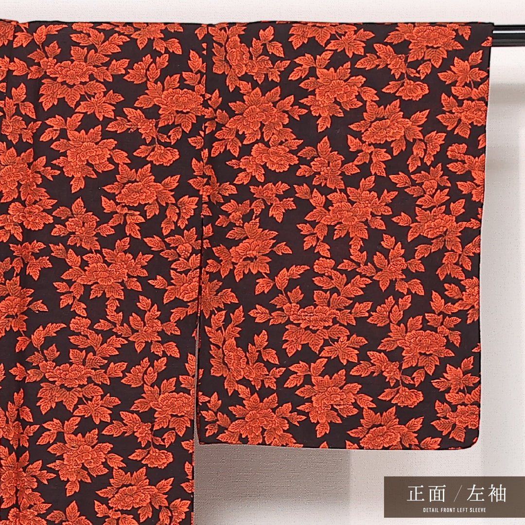 洗える着物 ウールの紬 単衣 身丈150cm 裄丈63cm ウール Sランク カジュアル バチ衿 Sサイズ 牡丹 朱系 RP 1223-13281