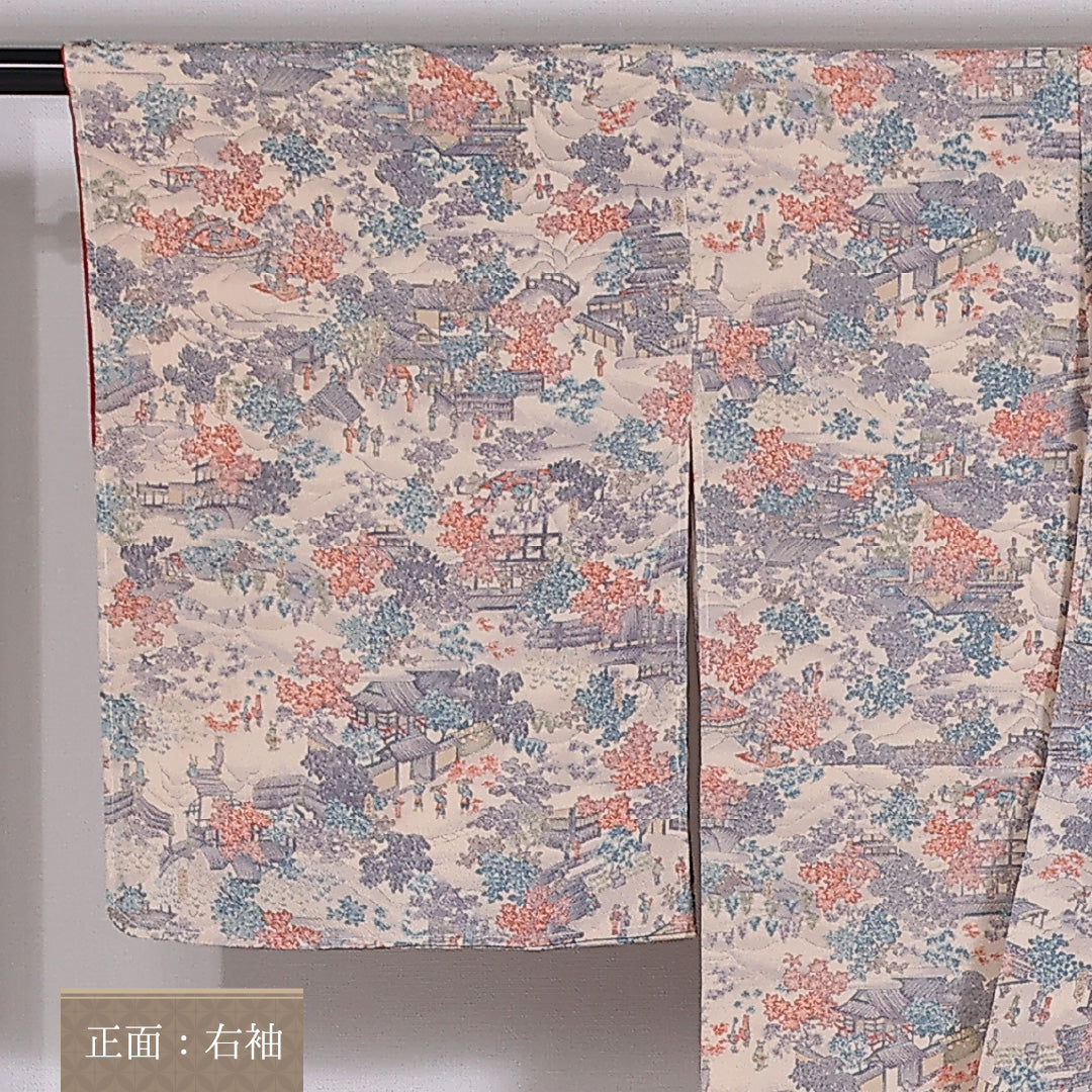 小紋 袷 身丈154cm 裄61.5cm 正絹 御所解 クリーム系 ちりめん Sランク しつけ糸 1215-02465