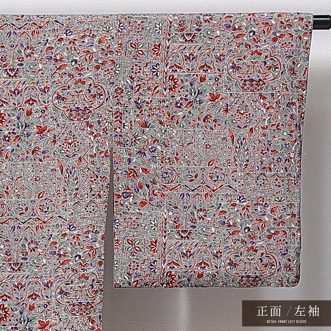 小紋 袷 身丈155cm 裄丈64cm 正絹 Aランク インフォーマル 広衿 Mサイズ 更紗 花柄 グレー系 RP 1221-14916