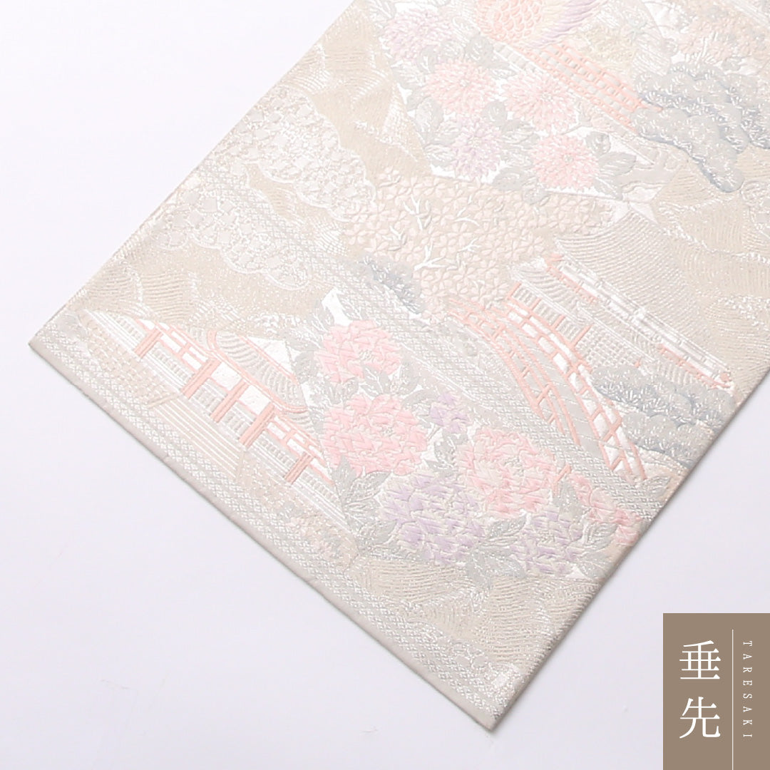 未使用品 袋帯 帯丈428cm 正絹 六通 セミフォーマル 平等院鳳凰堂 銀系 1243-01519