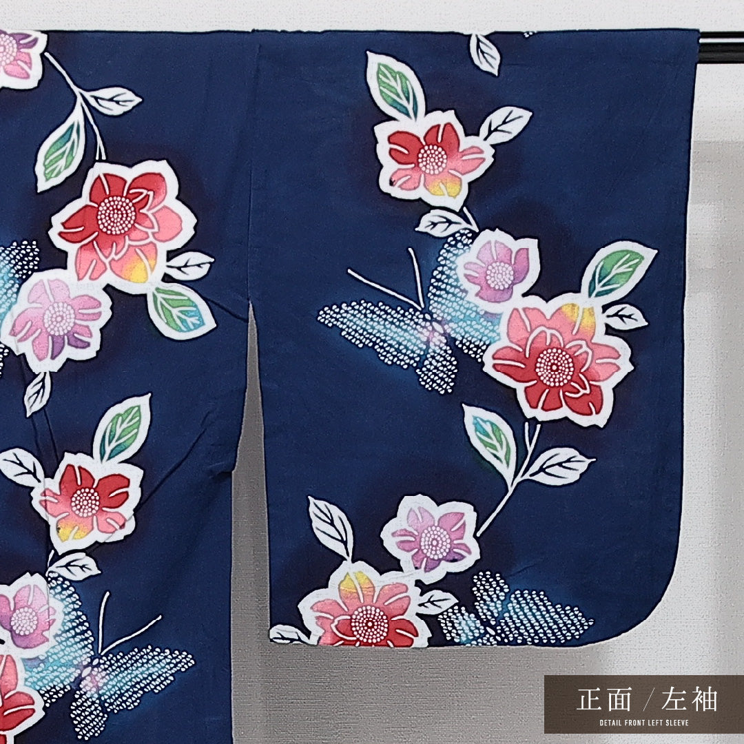 浴衣 夏物 洗える着物 身丈148cm 裄丈65cm Aランク 木綿 バチ衿 XSサイズ カジュアル 花柄 可憐 落ち着き 紺系 1218-14277