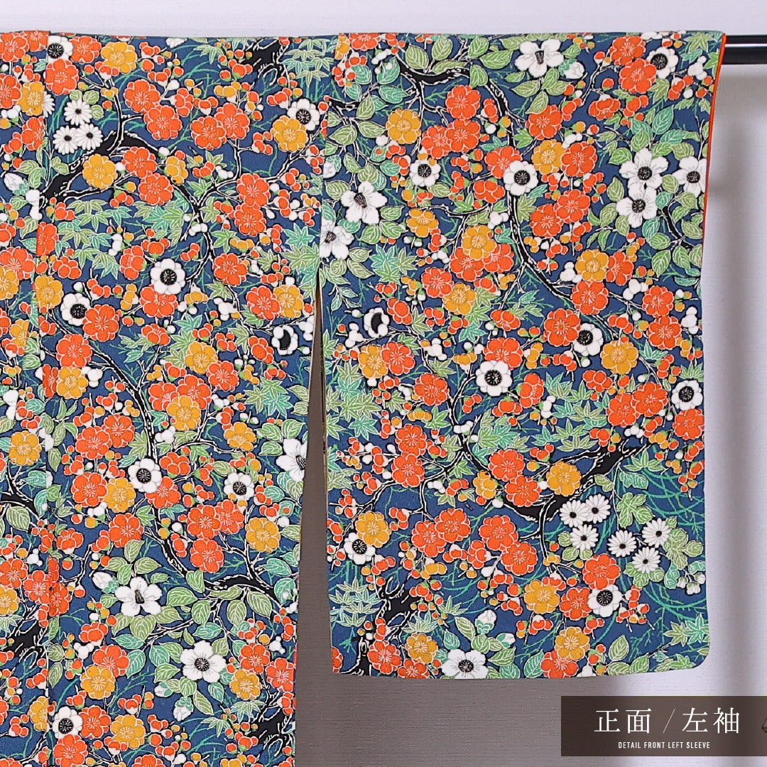 小紋 袷 身丈163cm 裄丈66cm 正絹 Sランク インフォーマル 広衿 Lサイズ 梅 笹 緑系 RP 1221-11766
