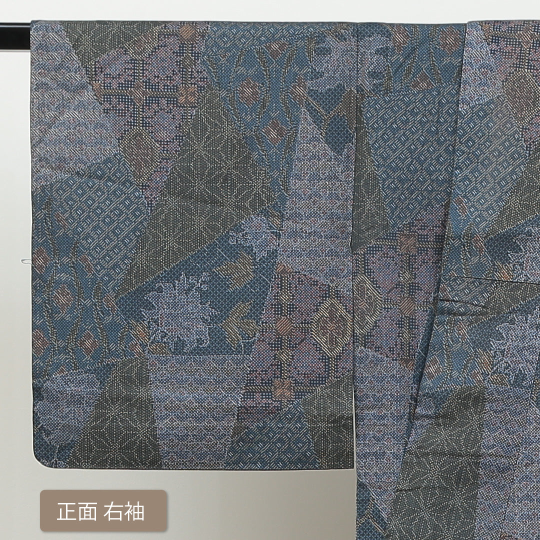 大島紬 単衣 身丈152cm 裄63cm 正絹 グレー系 Bランク 切嵌め風 1216003654222