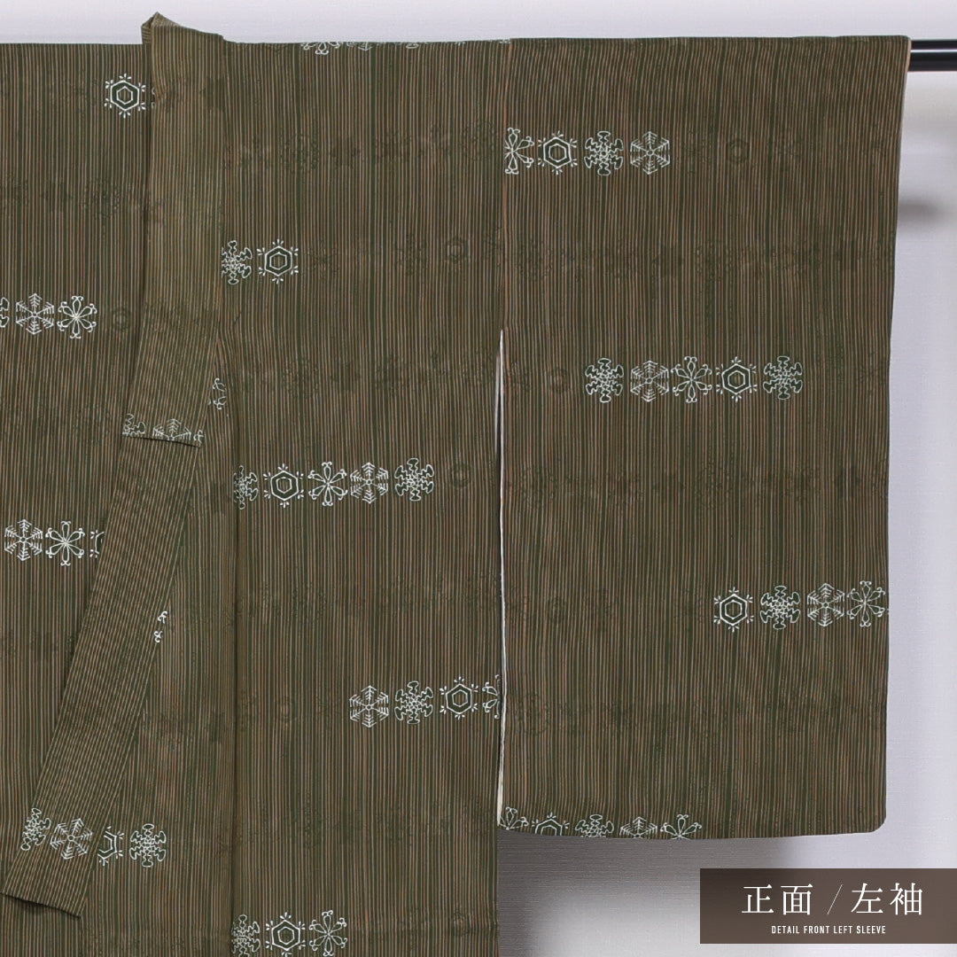 アンティーク 小紋 袷 身丈145cm 裄丈62cm 正絹 Aランク バチ衿 XSサイズ 縞 雪花紋 緑系 RP 1221-11486