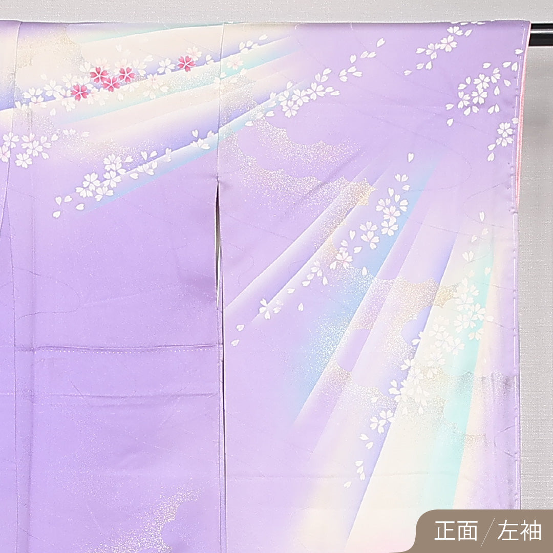 振袖 身丈161cm 裄丈65cm Bランク 正絹 袷 広衿 L しつけ糸 流水 吉祥文様 桜 フォーマル 紫系 1213-F0527