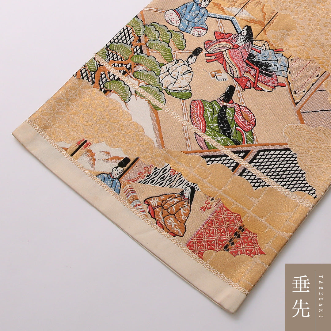 袋帯 帯丈432cm 正絹 六通 フォーマル 源氏物語 平安絵巻 ベージュ系 金系 1243-01636