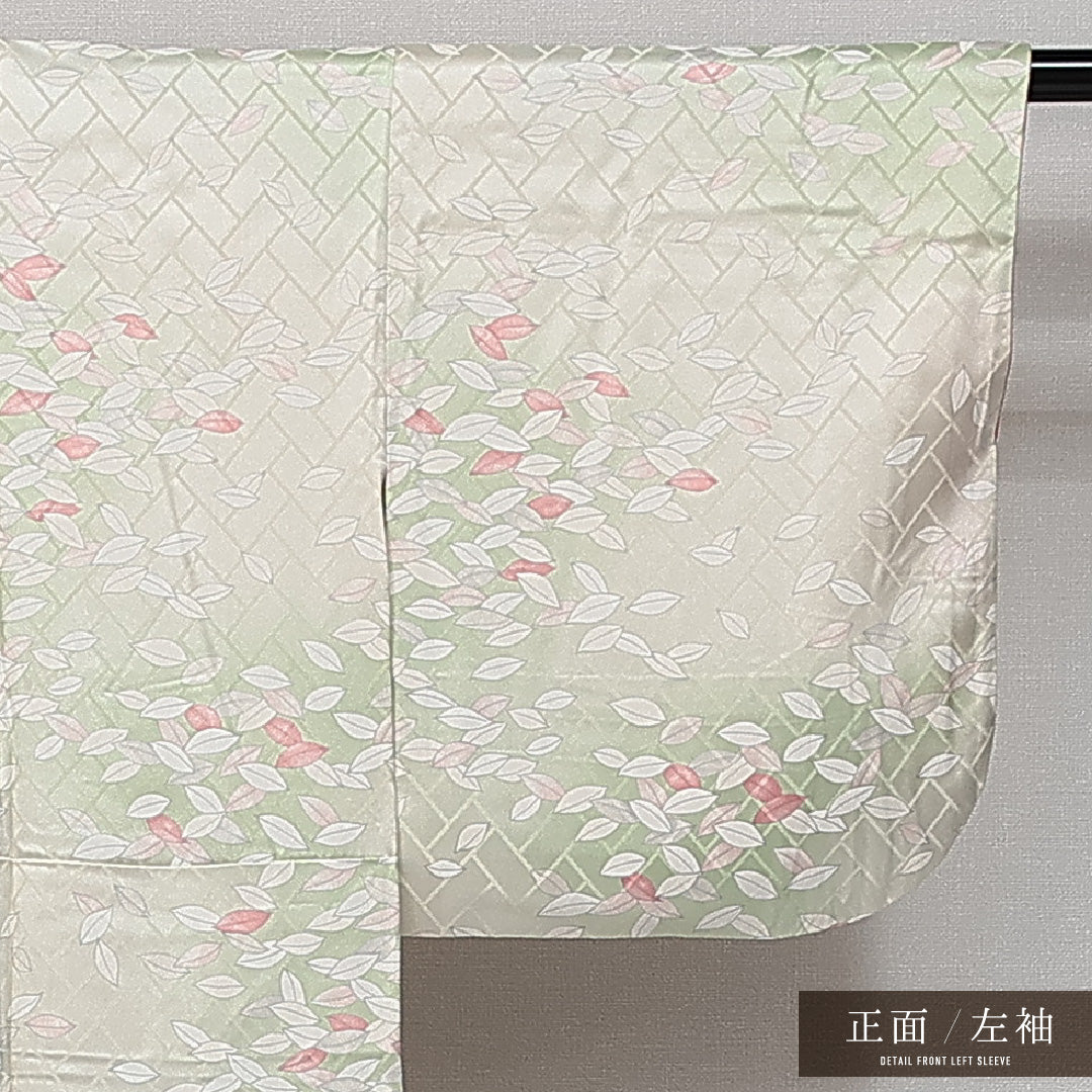 小紋 袷 身丈143cm 裄丈57cm 正絹 Sランク 紋意匠 (紗綾型) インフォーマル バチ衿 XSサイズ 植物柄 白系 RP 1221-14329