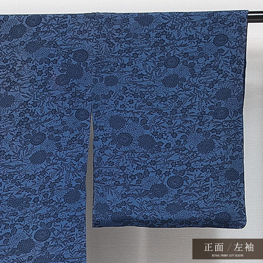 小紋 洗える着物 単衣 身丈160cm 裄丈64cm ポリエステル Cランク Lサイズ 広衿 インフォーマル 古典柄 青系 1215-14803