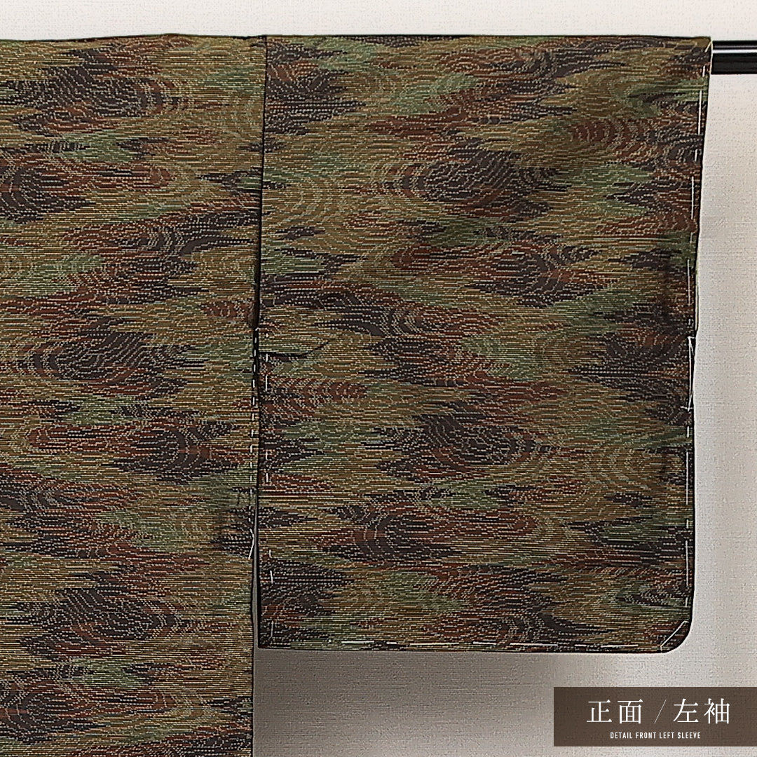 大島紬 袷 身丈154cm 裄丈63cm 正絹 Sランク インフォーマル 広衿 Sサイズ 緯総絣 風景柄 茶系 RP 1223-14070