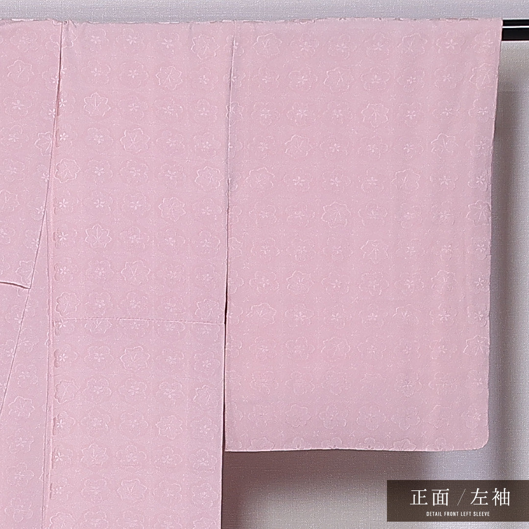 色無地 袷 身丈153cm 裄丈63cm 正絹 Sランク 一つ紋 (中陰五三桐) 紋意匠 (梅) セミフォーマル 広衿 Sサイズ 桔梗 紅葉 ピンク系 M4 1219-11381