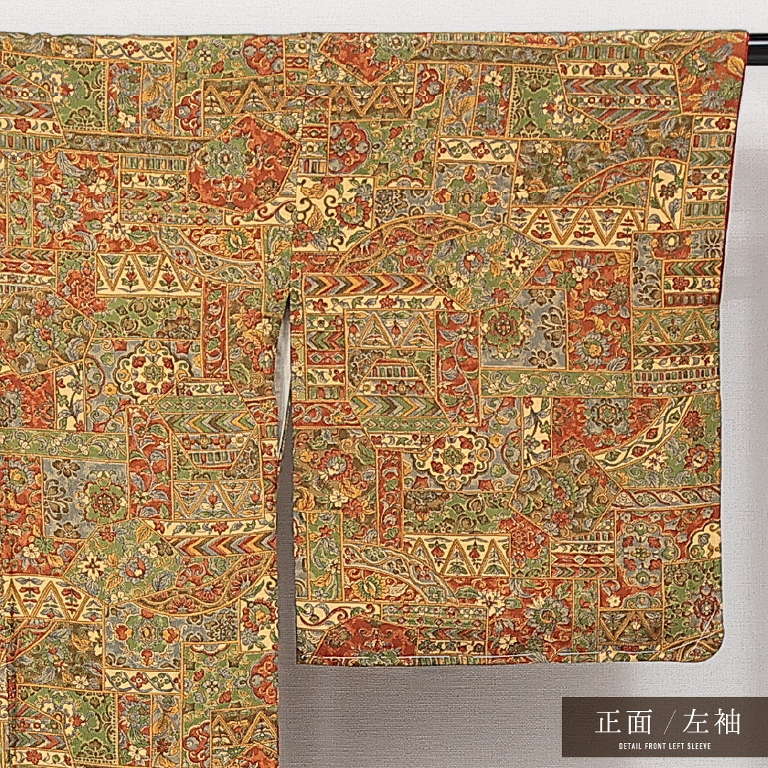 小紋 袷 身丈164cm 裄丈64cm 正絹 Aランク インフォーマル 広衿 Lサイズ 更紗 茶系 RP 1221-14542