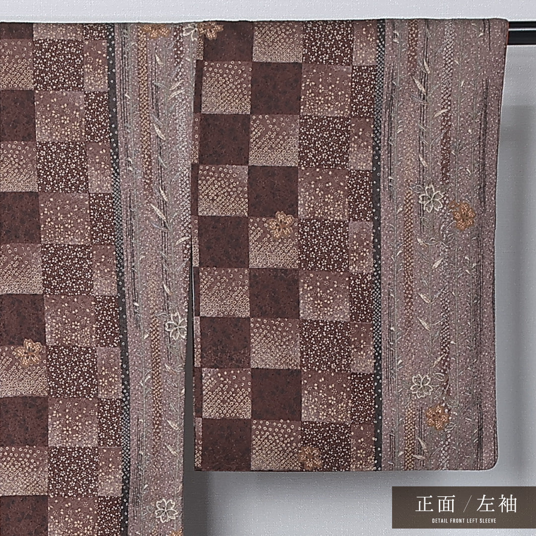 洗える着物 小紋 袷 身丈163cm 裄丈65cm ポリエステル Sランク インフォーマル 広衿 Lサイズ 市松 桜 茶系 RP 1221-12358
