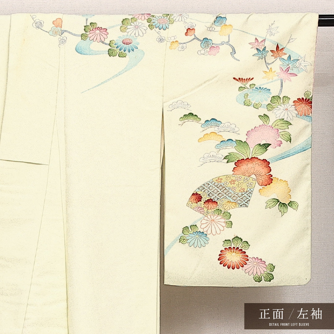 洗える着物 訪問着 袷 身丈158cm 裄丈61cm ポリエステル Cランク セミフォーマル 広衿 Mサイズ 金駒刺繍 扇 牡丹 黄系 LP 1217-14020
