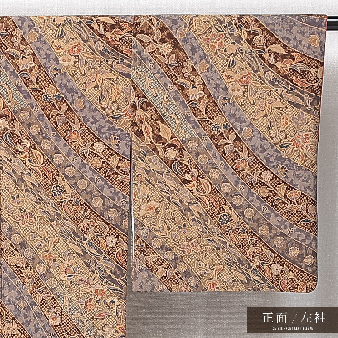 小紋 袷 身丈162cm 裄丈64cm 正絹 Aランク インフォーマル 広衿 Lサイズ 更紗 花柄 茶系 RP 1221-14915