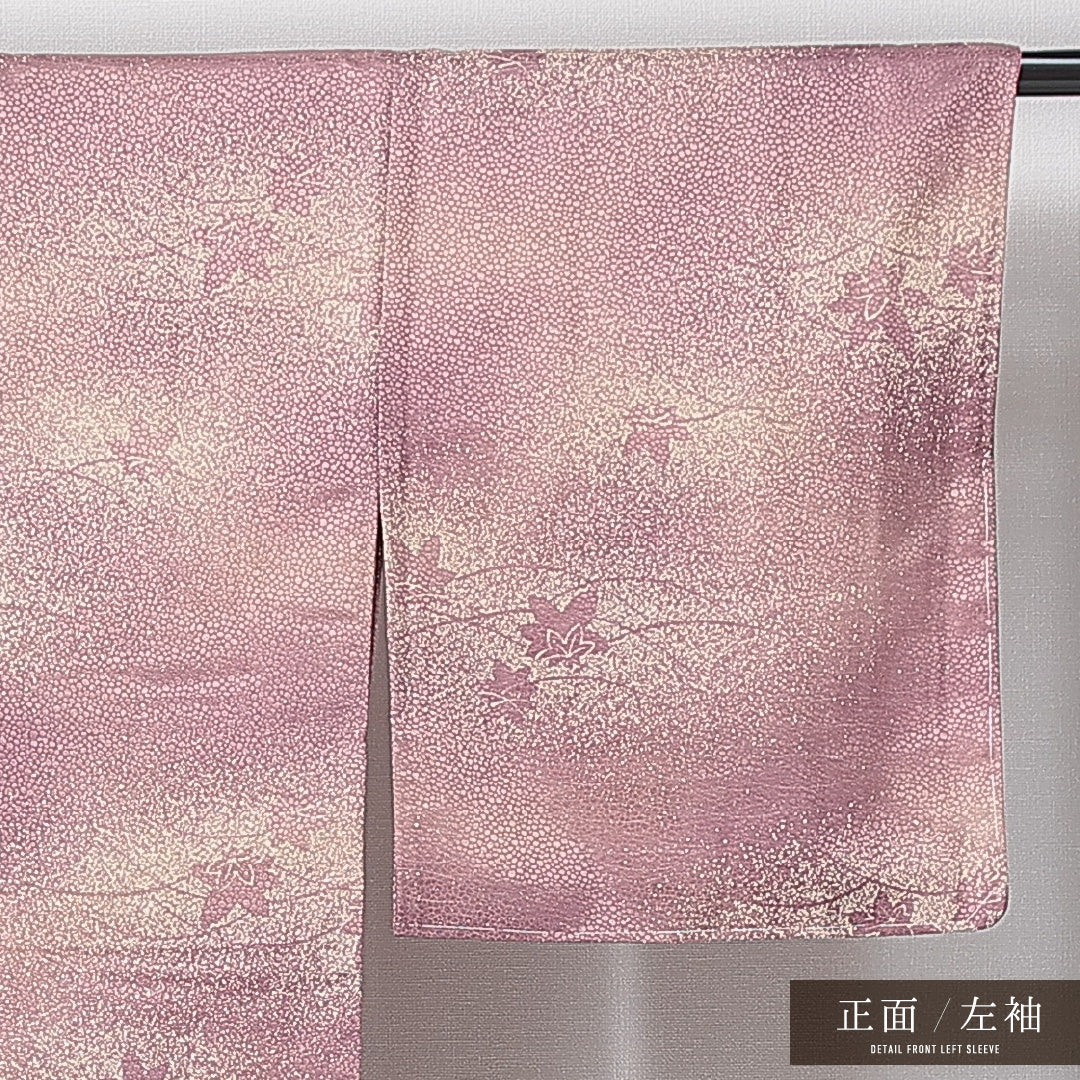 紬 洗える着物 袷 身丈153cm 裄丈63cm ポリエステル Sランク Sサイズ 広衿 カジュアル 楓 しつけ糸 紫系 1216-14975