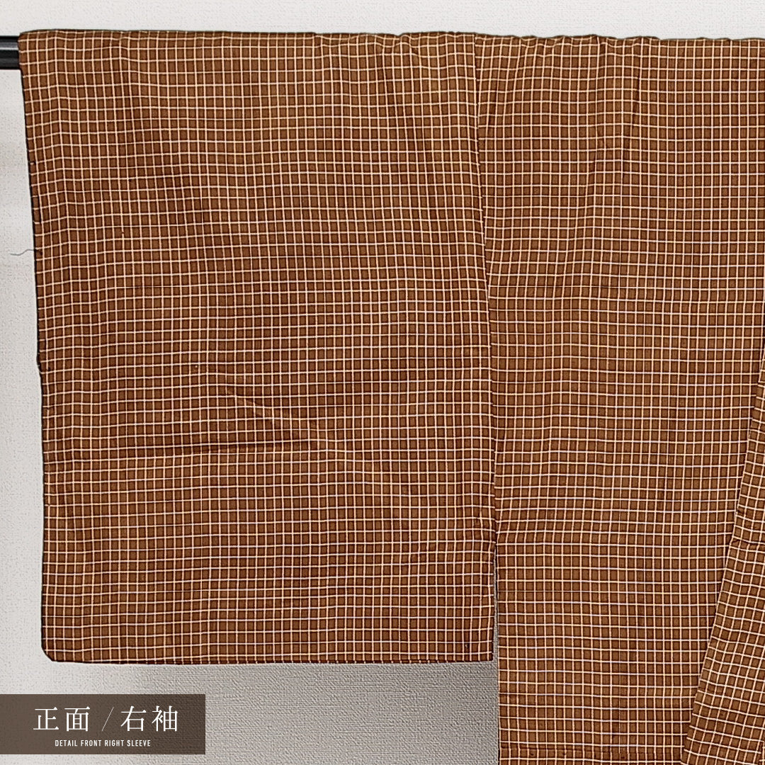 男着物 袷 身丈147cm 裄丈66cm 正絹 Aランク カジュアル 棒衿 Lサイズ 格子 茶系 RP 1224-14582