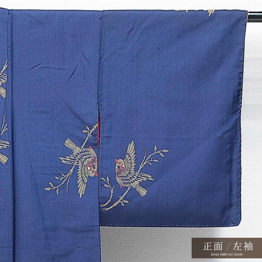 アンティーク お召 袷 身丈151cm 裄丈59cm 正絹 Aランク Sサイズ バチ衿 鳥 青系 1265-14878
