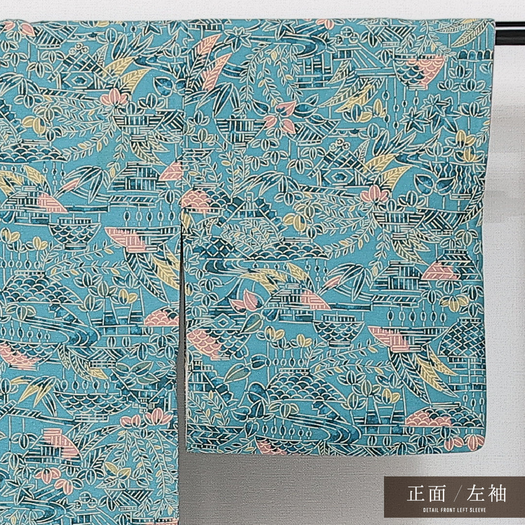 小紋 袷 身丈152cm 裄丈61cm 正絹 Aランク インフォーマル 広衿 Sサイズ 植物柄 水色系 RP 1221-14552