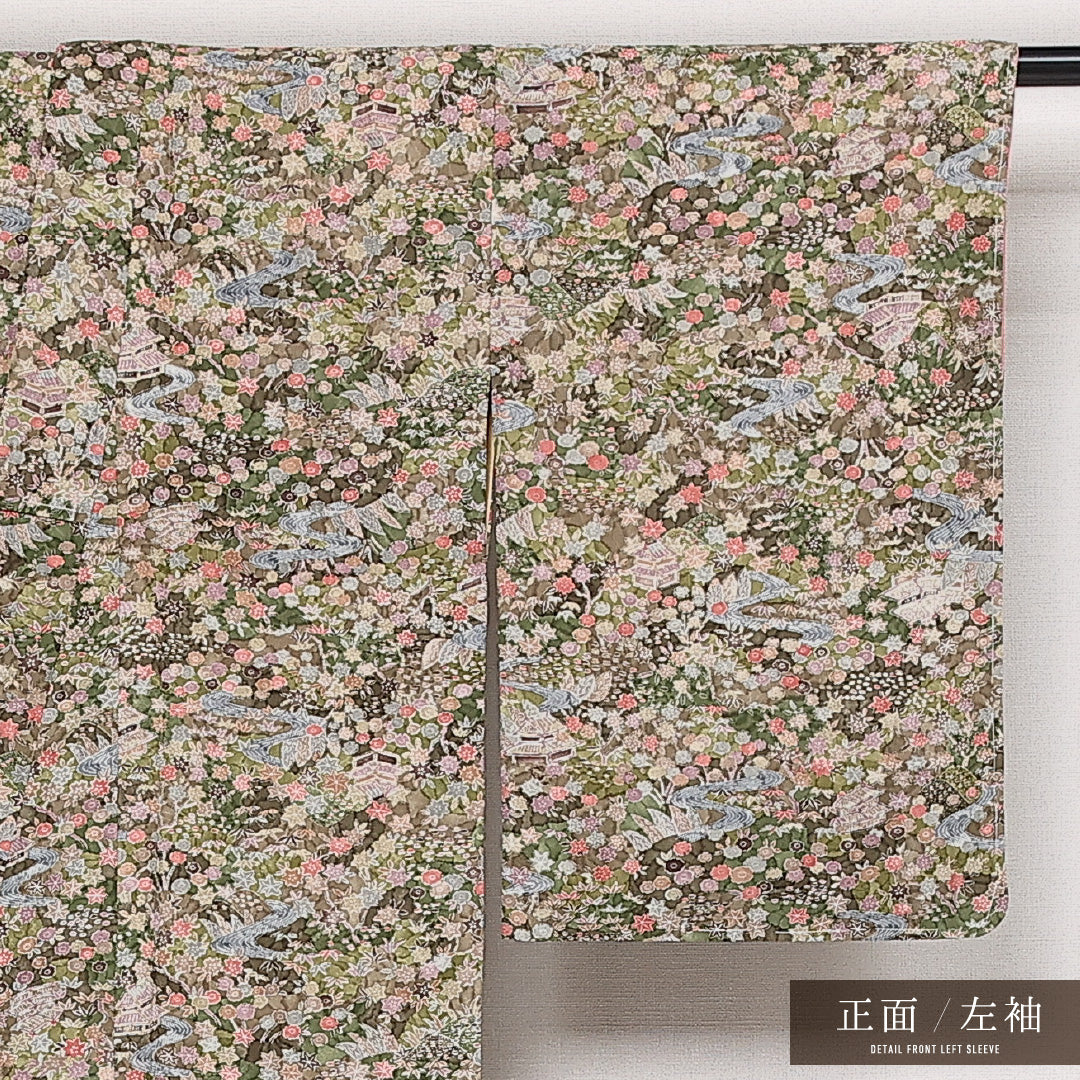 小紋 袷 身丈152cm 裄丈62cm 正絹 Aランク インフォーマル 広衿 Sサイズ 茶屋辻 緑系 RP 1221-13662