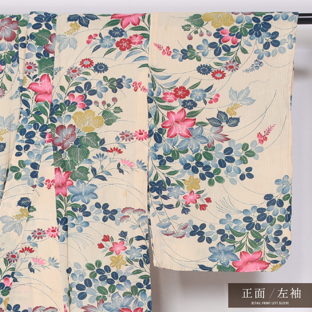 アンティーク 小紋 夏着物 身丈148cm 裄丈63cm XS 麻 Cランク 夏物 洗える着物 広衿 ちぢみ 椿 藤 撫子 夏物 1215-11497