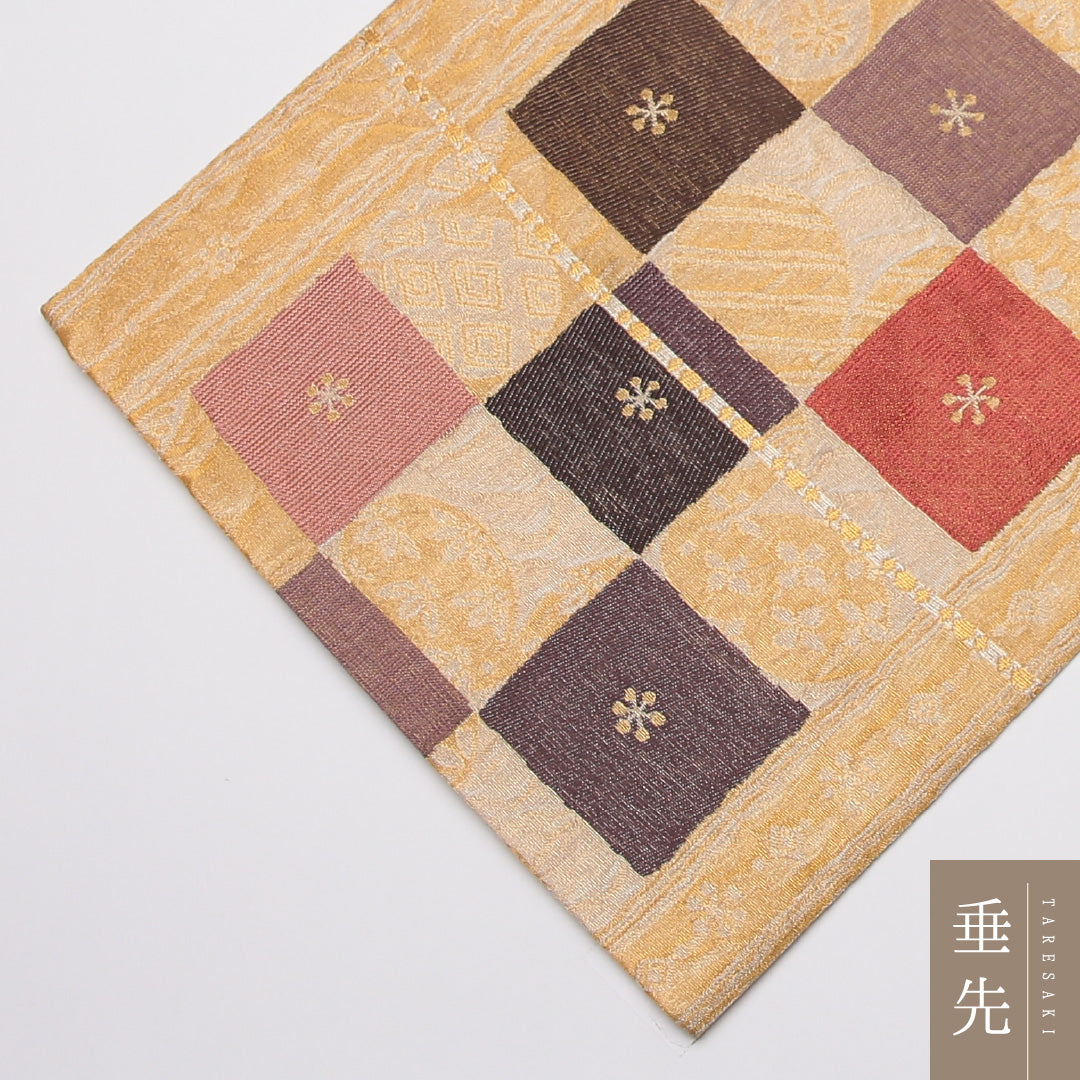 袋帯 帯丈444cm 正絹 六通 セミフォーマル 市松 丸文 金系 1243-01259