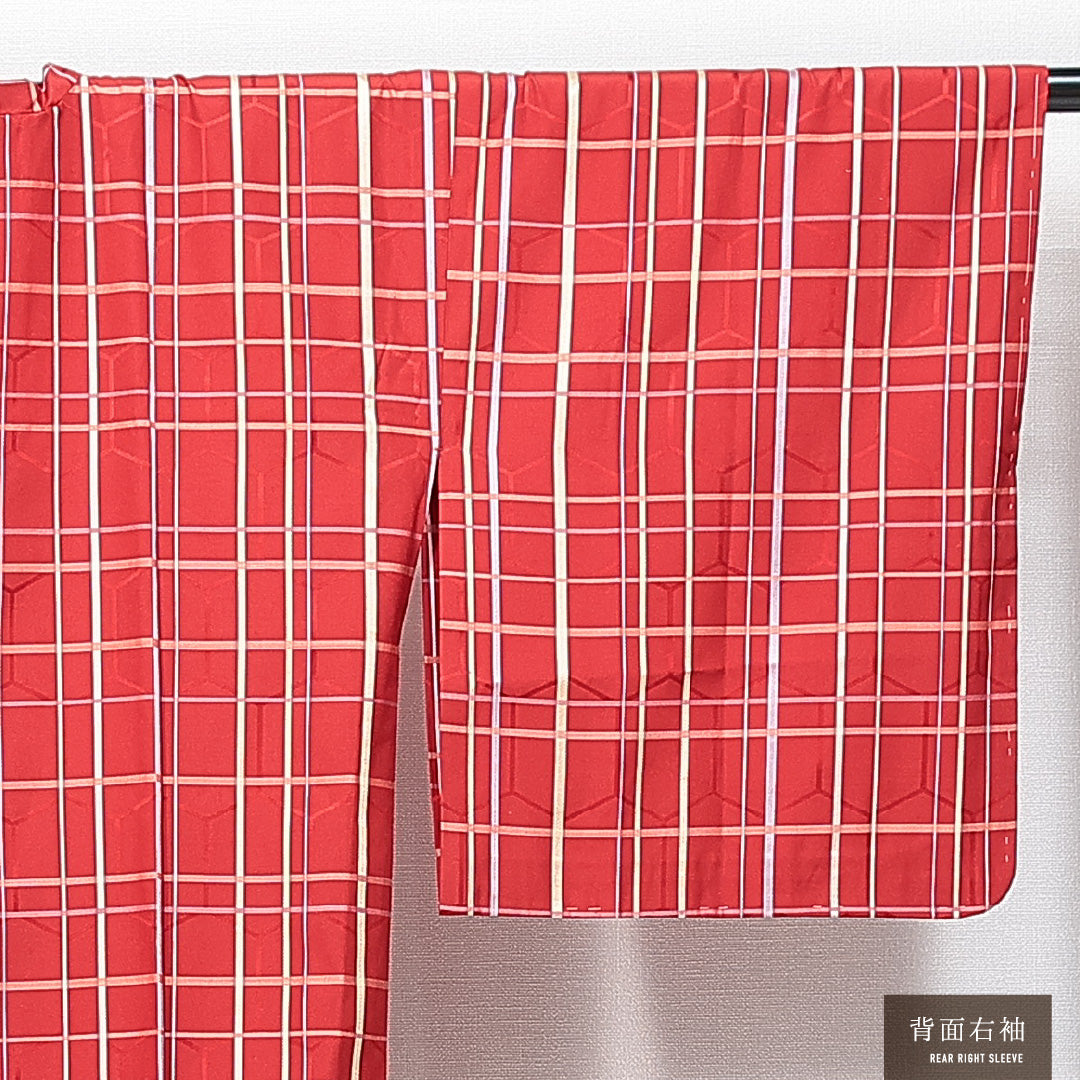 道行コート 袷 身丈128cm 裄丈62cm 正絹 Sランク セミフォーマル Sサイズ ポケットあり 格子 赤系 RP 1237-14838