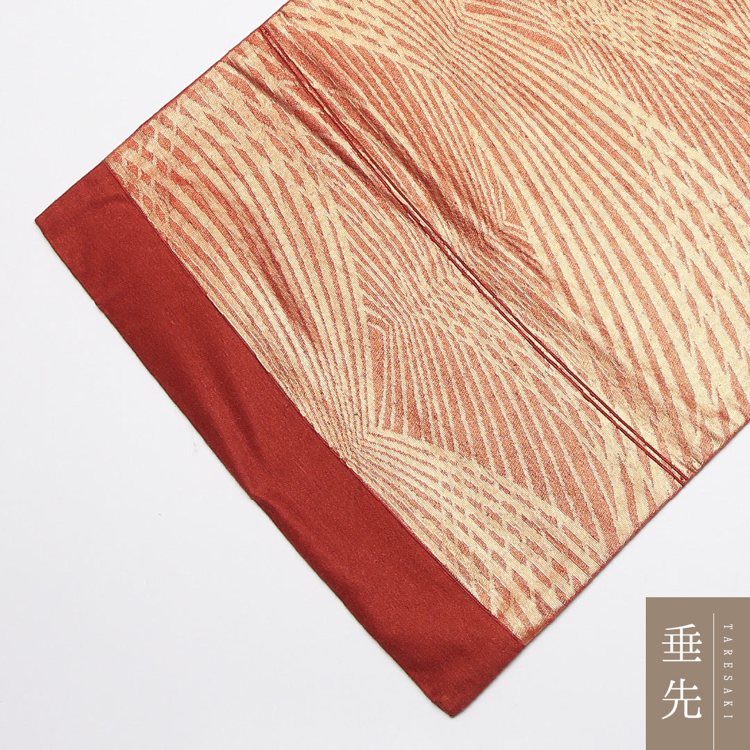 袋帯 帯丈416cm 正絹 六通 セミフォーマル 幾何学柄 金系 朱系 1243-01226