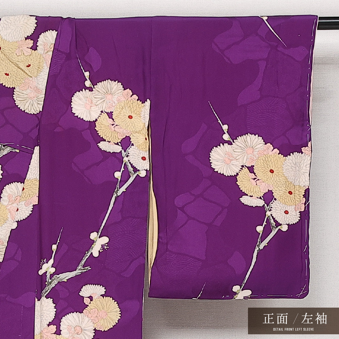 アンティーク 小紋 (錦紗) 袷 身丈142cm 裄丈63cm 正絹 Aランク 広衿 XSサイズ 菊 紫系 RP 1221-13658