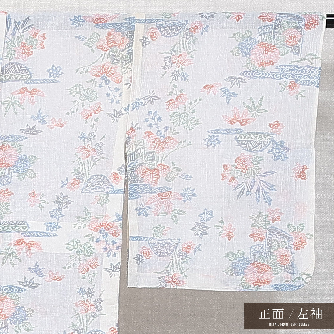 麻の紬 夏物 洗える着物 夏物 身丈159cm 裄丈65cm 麻 Bランク Mサイズ バチ衿 カジュアル 菊 紅葉 白系 1216-14591