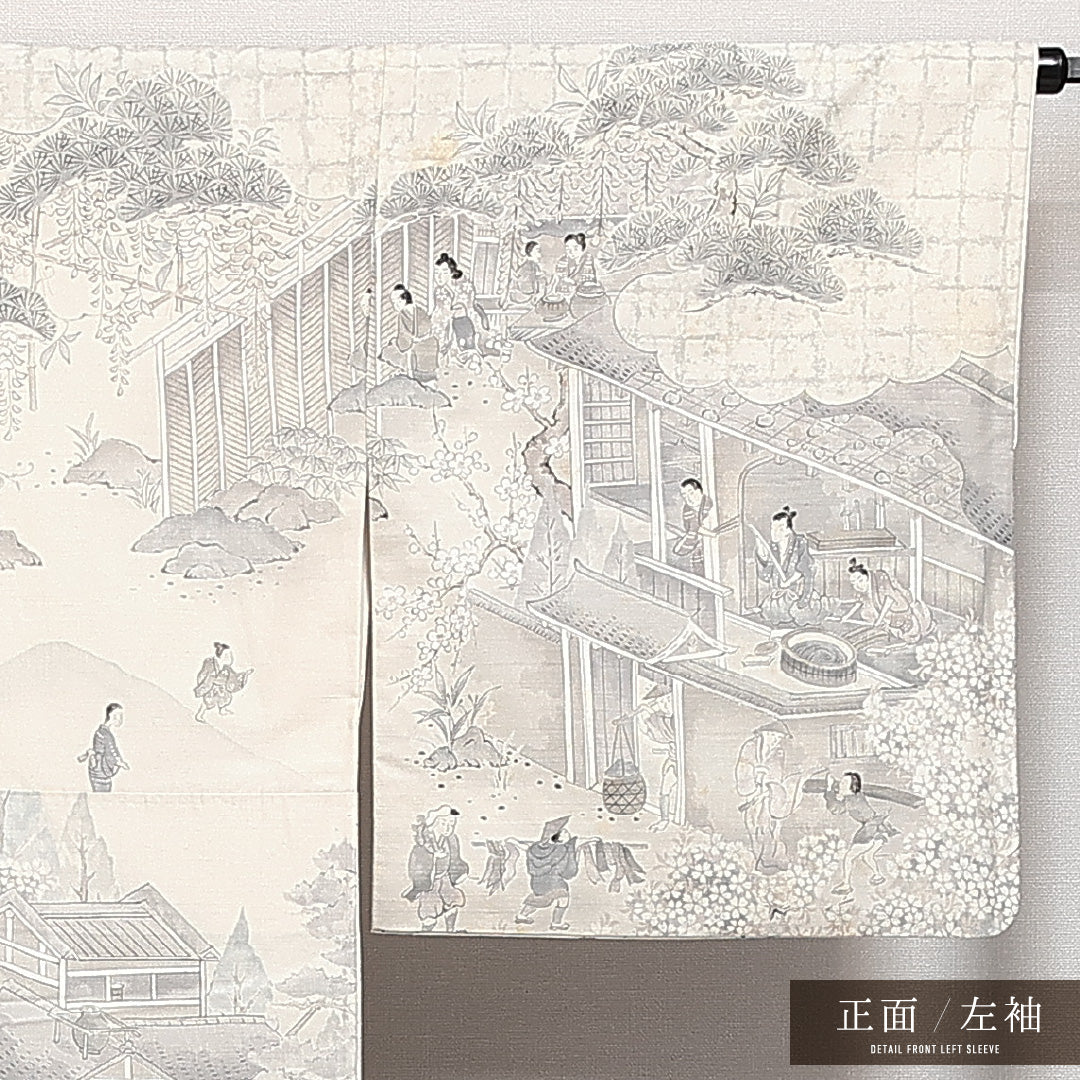 訪問着 (結城紬) 袷 身丈161cm 裄丈69cm 正絹 Cランク カジュアル 広衿 Lサイズ 京風俗絵巻 金彩 証紙 京洛百景 白系 UR 1217-14008