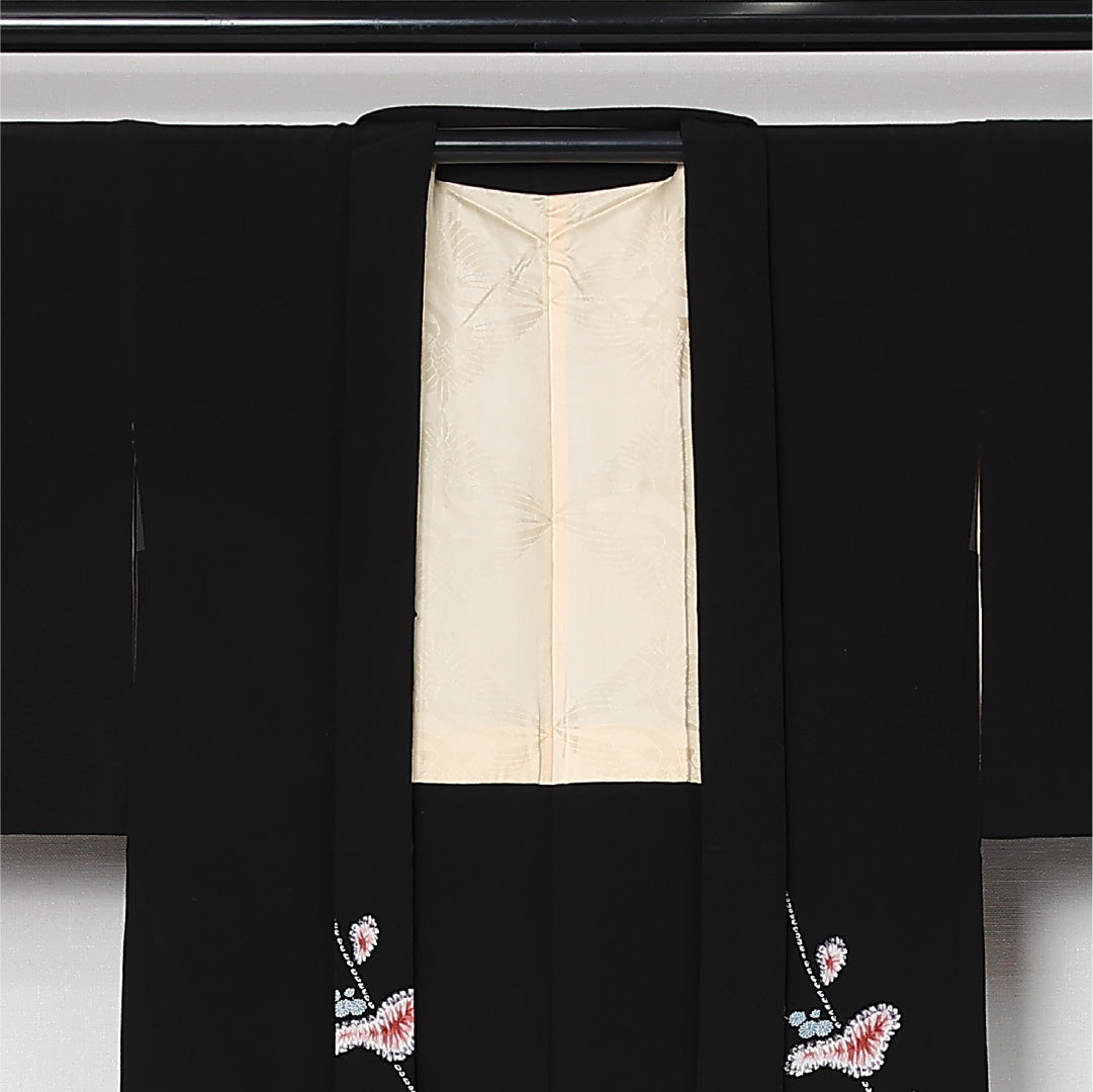 黒羽織 袷 身丈83cm 裄丈65cm 正絹 Bランク インフォーマル Mサイズ 花柄 黒系 RP 1233-12757