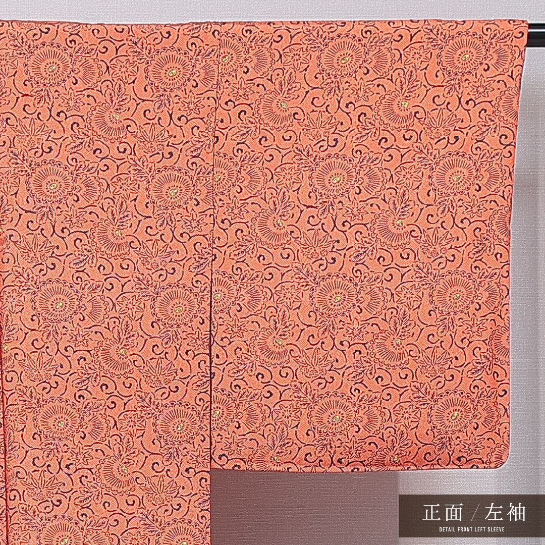 小紋 袷 身丈164cm 裄丈64cm 正絹 Sランク インフォーマル 広衿 Lサイズ 唐菊 朱系 RP 1221-15731