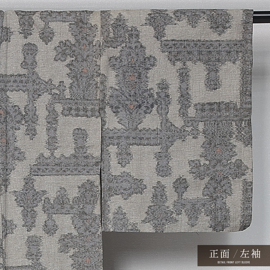 夏物 紬 身丈152cm 裄丈61cm Aランク S 麻 洗える着物 単衣 バチ衿 オリエンタル 肩当て カジュアル ベージュ系 1216-11976